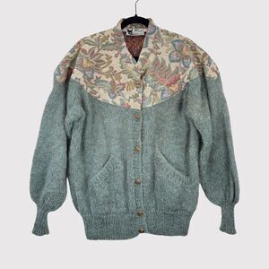VINTAGE Woof Womens Cardigan Green Floral Folk Tapestry Wool Sweater 90s Large